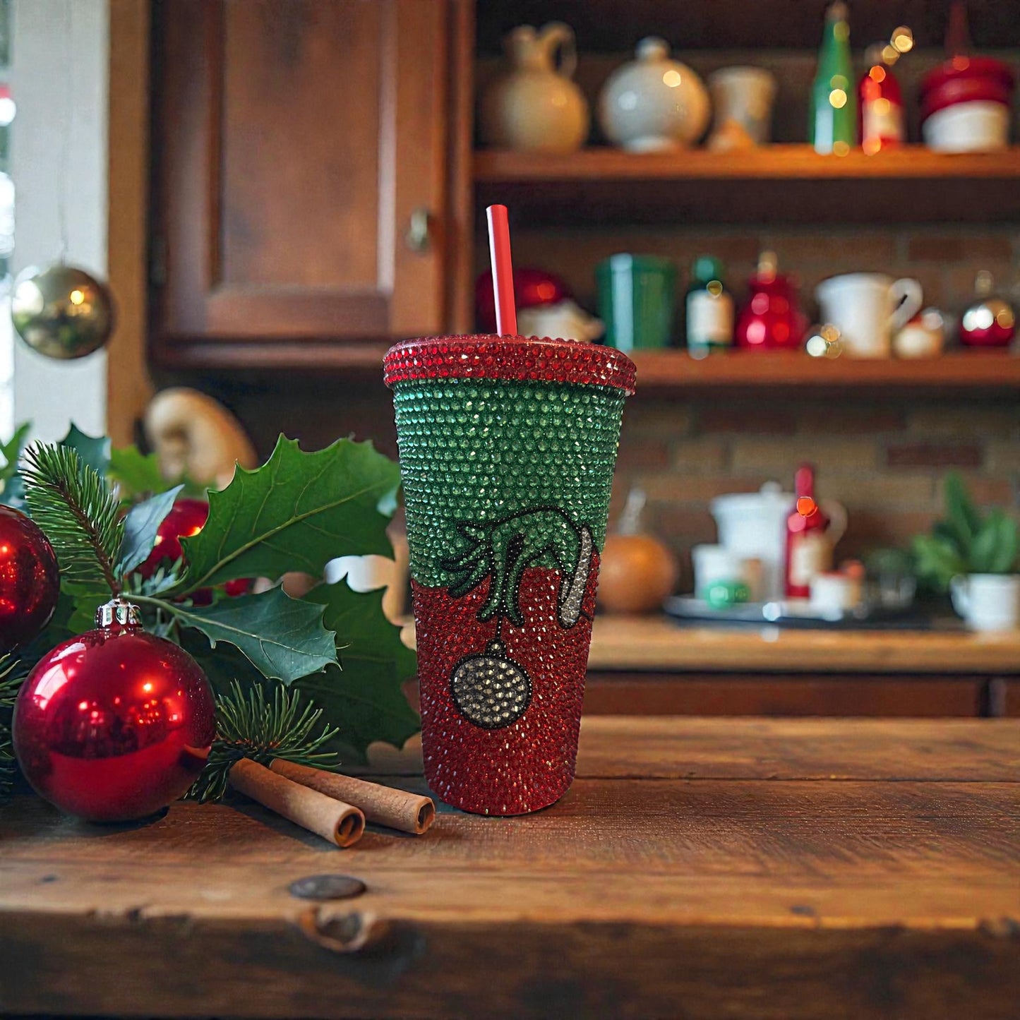 Grinch Bling Rhinestone Christmas Tumbler – Handcrafted