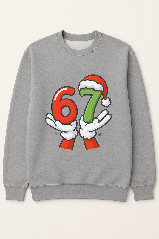 🎄 “67” Holiday Sweatshirt – Adult Festive Santa Hands Design